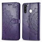 For Galaxy A21 Halfway Mandala Embossing Pattern Horizontal Flip Leather Case with Holder & Card Slots & Wallet & Photo Frame & Lanyard(Purple)