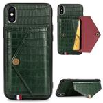 For iPhone XS/X Crocodile Pattern PU+TPU+PVC Shatter-resistant Mobile Phone Case with Magnetic Invisible Holder & Holder & Card Slots(Blackish Green)