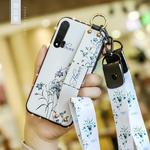 For Huawei Nova 6 Floral Cloth Pattern Shockproof TPU Case with Holder & Wrist Strap & Neck Lanyard(White)