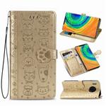 For Huawei Mate 30 Pro Cute Cat and Dog Embossed Horizontal Flip PU Leather Case with Holder / Card Slot / Wallet / Lanyard(Gold)