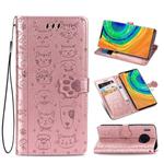 For Huawei Mate 30 Pro Cute Cat and Dog Embossed Horizontal Flip PU Leather Case with Holder / Card Slot / Wallet / Lanyard(Rose Gold)