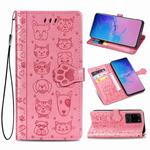 For Galaxy S20 Ultra Cute Cat and Dog Embossed Horizontal Flip PU Leather Case with Holder / Card Slot / Wallet / Lanyard(Pink)