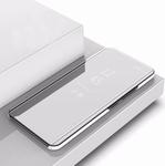 For Galaxy A21 Plated Mirror Horizontal Flip Leather Case with Holder(Silver)