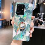 For  Samsung Galaxy S20 Plus Colorful Laser Flower Series IMD TPU Mobile Phone Case with Ring Rhinestones Holder(Banana Leaf KC1)