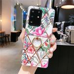 For Galaxy S20 Plus Plating Geometric Flower Series IMD TPU Mobile Phone Case with Ring Rhinestones Holder(Pink)