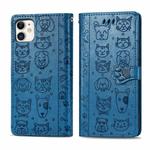 For iPhone 11 Cute Cat and Dog Embossed Horizontal Flip PU Leather Case with Holder / Card Slot / Wallet / Lanyard(Blue)