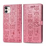 For iPhone 11 Cute Cat and Dog Embossed Horizontal Flip PU Leather Case with Holder / Card Slot / Wallet / Lanyard(Pink)