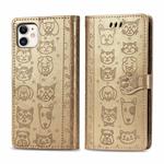 For iPhone 11 Cute Cat and Dog Embossed Horizontal Flip PU Leather Case with Holder / Card Slot / Wallet / Lanyard(Gold)