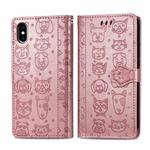 For iPhone X / XS Cute Cat and Dog Embossed Horizontal Flip PU Leather Case with Holder / Card Slot / Wallet / Lanyard(Rose Gold)