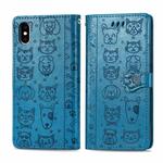 For iPhone X / XS Cute Cat and Dog Embossed Horizontal Flip PU Leather Case with Holder / Card Slot / Wallet / Lanyard(Blue)