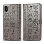 For iPhone X / XS Cute Cat and Dog Embossed Horizontal Flip PU Leather Case with Holder / Card Slot / Wallet / Lanyard(Grey)