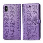 For iPhone X / XS Cute Cat and Dog Embossed Horizontal Flip PU Leather Case with Holder / Card Slot / Wallet / Lanyard(Light Purple)