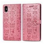 For iPhone X / XS Cute Cat and Dog Embossed Horizontal Flip PU Leather Case with Holder / Card Slot / Wallet / Lanyard(Pink)