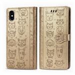 For iPhone X / XS Cute Cat and Dog Embossed Horizontal Flip PU Leather Case with Holder / Card Slot / Wallet / Lanyard(Gold)