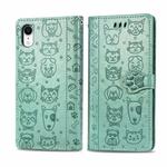 For iPhone XR Cute Cat and Dog Embossed Horizontal Flip PU Leather Case with Holder / Card Slot / Wallet / Lanyard(Grass Green)