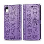 For iPhone XR Cute Cat and Dog Embossed Horizontal Flip PU Leather Case with Holder / Card Slot / Wallet / Lanyard(Light Purple)