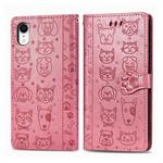 For iPhone XR Cute Cat and Dog Embossed Horizontal Flip PU Leather Case with Holder / Card Slot / Wallet / Lanyard(Pink)