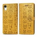 For iPhone XR Cute Cat and Dog Embossed Horizontal Flip PU Leather Case with Holder / Card Slot / Wallet / Lanyard(Yellow)