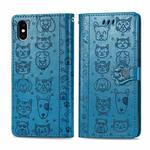 For iPhone XS Max Cute Cat and Dog Embossed Horizontal Flip PU Leather Case with Holder / Card Slot / Wallet / Lanyard(Blue)