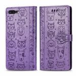 For iPhone 8Plus/7Plus Cute Cat and Dog Embossed Horizontal Flip PU Leather Case with Holder / Card Slot / Wallet / Lanyard(Light Purple)
