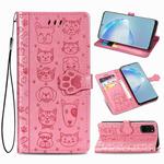 For Galaxy S20 Plus Cute Cat and Dog Embossed Horizontal Flip Leather Case with Bracket / Card Slot / Wallet / Lanyard(Pink)