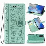 For Galaxy S20 Cute Cat and Dog Embossed Horizontal Flip Leather Case with Bracket / Card Slot / Wallet / Lanyard(Green)