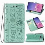 For Galaxy S10E Cute Cat and Dog Embossed Horizontal Flip Leather Case with Bracket / Card Slot / Wallet / Lanyard(Green)