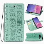For Galaxy S10 Plus Cute Cat and Dog Embossed Horizontal Flip Leather Case with Bracket / Card Slot / Wallet / Lanyard(Green)