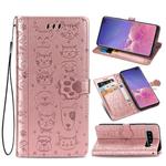 For Galaxy S10 Plus Cute Cat and Dog Embossed Horizontal Flip Leather Case with Bracket / Card Slot / Wallet / Lanyard(Rose Gold)
