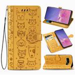 For Galaxy S10 Cute Cat and Dog Embossed Horizontal Flip Leather Case with Bracket / Card Slot / Wallet / Lanyard(Yellow)