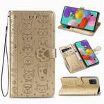 For Galaxy A71 Cute Cat and Dog Embossed Horizontal Flip Leather Case with Bracket / Card Slot / Wallet / Lanyard(Gold)