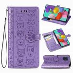 For Galaxy A71 Cute Cat and Dog Embossed Horizontal Flip Leather Case with Bracket / Card Slot / Wallet / Lanyard(Purple)