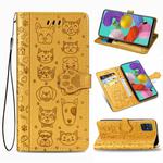 For Galaxy A51 Cute Cat and Dog Embossed Horizontal Flip Leather Case with Bracket / Card Slot / Wallet / Lanyard(Yellow)