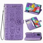 For Galaxy A51 Cute Cat and Dog Embossed Horizontal Flip Leather Case with Bracket / Card Slot / Wallet / Lanyard(Purple)