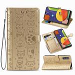For Galaxy A50/A30S/A50S Cute Cat and Dog Embossed Horizontal Flip Leather Case with Bracket / Card Slot / Wallet / Lanyard(Gold)