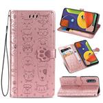 For Galaxy A50/A30S/A50S Cute Cat and Dog Embossed Horizontal Flip Leather Case with Bracket / Card Slot / Wallet / Lanyard(Rose Gold)