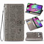 For Galaxy A40 Cute Cat and Dog Embossed Horizontal Flip Leather Case with Bracket / Card Slot / Wallet / Lanyard(Gray)