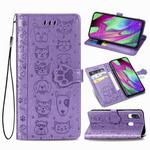 For Galaxy A40 Cute Cat and Dog Embossed Horizontal Flip Leather Case with Bracket / Card Slot / Wallet / Lanyard(Purple)