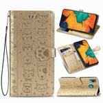 For Galaxy A30 Cute Cat and Dog Embossed Horizontal Flip Leather Case with Bracket / Card Slot / Wallet / Lanyard(Gold)