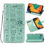 For Galaxy A30 Cute Cat and Dog Embossed Horizontal Flip Leather Case with Bracket / Card Slot / Wallet / Lanyard(Green)