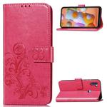 For Galaxy A11 Four-leaf Clasp Embossed Buckle Mobile Phone Protection Leather Case with Lanyard & Card Slot & Wallet & Bracket Function(Magenta)