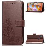 For Galaxy A11 Four-leaf Clasp Embossed Buckle Mobile Phone Protection Leather Case with Lanyard & Card Slot & Wallet & Bracket Function(Brown)