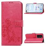 For Huawei P40 Four-leaf Clasp Embossed Buckle Mobile Phone Protection Leather Case with Lanyard & Card Slot & Wallet & Bracket Function(Magenta)