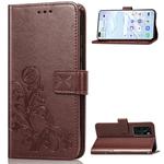 For Huawei P40 Four-leaf Clasp Embossed Buckle Mobile Phone Protection Leather Case with Lanyard & Card Slot & Wallet & Bracket Function(Brown)