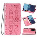 For Huawei P40 Cute Cat and Dog Embossed Horizontal Flip Leather Case with Bracket / Card Slot / Wallet / Lanyard(Pink)