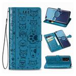 For Huawei P40 Cute Cat and Dog Embossed Horizontal Flip Leather Case with Bracket / Card Slot / Wallet / Lanyard(Blue)
