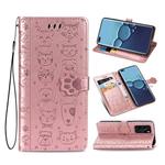 For Huawei P40 Cute Cat and Dog Embossed Horizontal Flip Leather Case with Bracket / Card Slot / Wallet / Lanyard(Rose Gold)