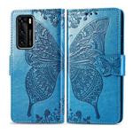 For Huawei P40 Butterfly Love Flower Embossed Horizontal Flip Leather Case with Bracket / Card Slot / Wallet / Lanyard(Blue)