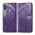 For Galaxy A11 Butterfly Love Flower Embossed Horizontal Flip Leather Case with Bracket / Card Slot / Wallet / Lanyard(Dark Purple)