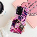 For Galaxy S20 Ultra Plating Colorful Geometric Pattern Mosaic Marble TPU Mobile Phone Case Rhinestone Stand Ring(Magenta PR5)